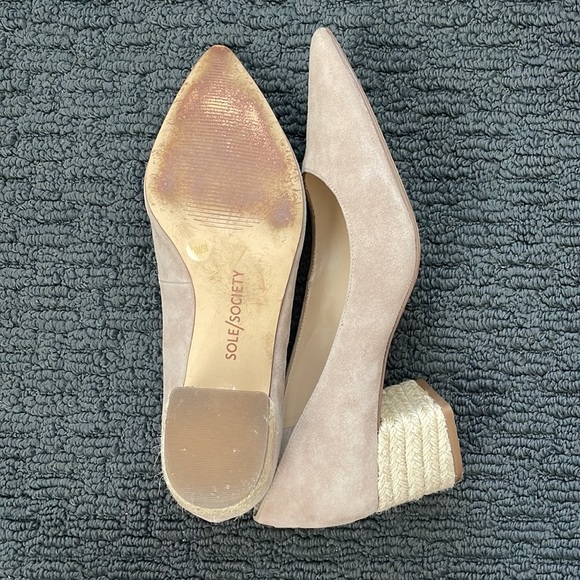 Sole Society Andorra Block Heeled Pumps, Taupe Suede Pointed Closed Toe Shoes - Picture 7 of 8